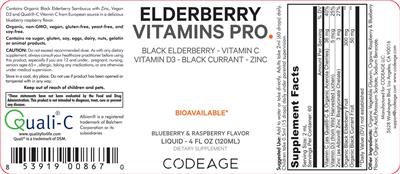 Codeage Elderberry Vitamins Pro Blueberry & Raspberry Flavor source label used in the packaging illustration