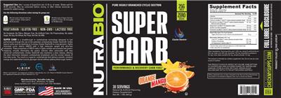 NutraBio Super Carb Orange Mango source label used in the packaging illustration