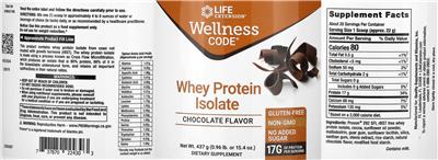 Life Extension Wellness Code Whey Protein Isolate Chocolate Flavor source label used in the packaging illustration