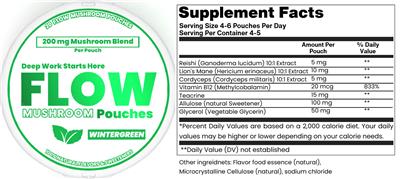 FLOW Mushroom Pouches Wintergreen source label used in the packaging illustration