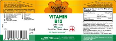 Country Life Vitamin B12 with Folate 500 mcg Cherry Flavor product packaging