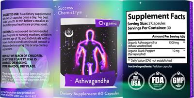 Success Chemistry Organic Ashwagandha source label used in the packaging illustration