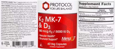 Protocol For Life Balance K2 MK-7 180 mcg & D3 5000 IU source label used in the packaging illustration