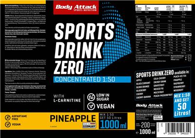 Body Attack Sports Nutrition Sports Drink Zero Pineapple Flavour product packaging