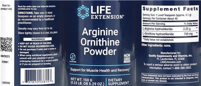 Life Extension Arginine Ornithine Powder source label used in the packaging illustration