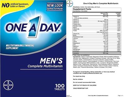 Bayer One A Day Men's Complete Multivitamin source label used in the packaging illustration