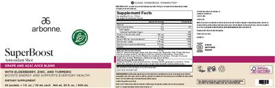 Arbonne SuperBoost Antioxidant Shot source label used in the packaging illustration