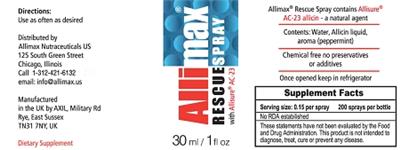 Allimax Nutraceuticals US Rescue Spray source label used in the packaging illustration