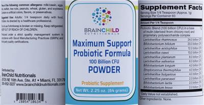 Brainchild Nutritionals Maximum Support Probiotic Formula Powder 100 Billion CFU Powder source label used in the packaging illustration