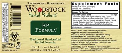 Woodstock Herbal Products BP Formula source label used in the packaging illustration