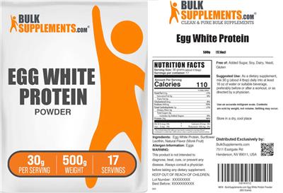 BulkSupplements.com Egg White Protein Powder 30 g source label used in the packaging illustration