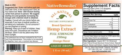 Native Remedies Broad-Spectrum Hemp Extract Full Strength 250mg Orange Flavor product packaging