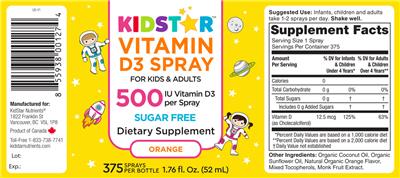 KidStar Vitamin D3 Spray 500 IU Orange source label used in the packaging illustration