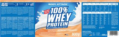 Body Attack 100% Whey Protein Apricot Yoghurt Flavour source label used in the packaging illustration