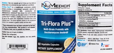 NuMedica Tri-Flora Plus source label used in the packaging illustration