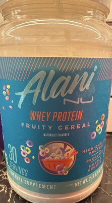 Alani Nu Whey Protein Fruity Cereal source label used in the packaging illustration