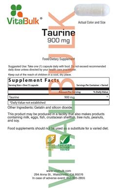 VitalBulk Taurine 900 mg source label used in the packaging illustration