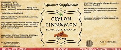 Signature Supplements Ceylon Cinnamon 400 mg source label used in the packaging illustration