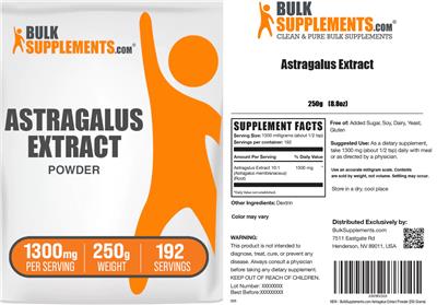 BulkSupplements.com Astragalus Extract Powder 1300 mg source label used in the packaging illustration