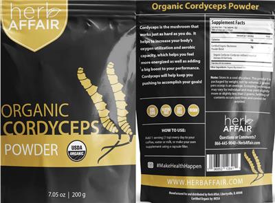 Herb Affair Organic Cordyceps Powder source label used in the packaging illustration
