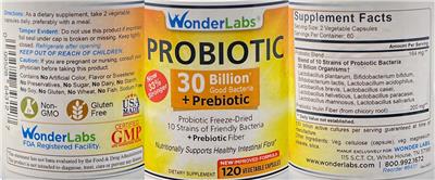 Wonder Labs Probiotic 30 Billion Good Bacteria + Prebiotic source label used in the packaging illustration