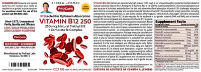 ProCaps Vitamin B12 250 source label used in the packaging illustration