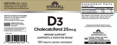 Windmill D3 Cholecalciferol 25 mcg source label used in the packaging illustration
