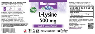 Bluebonnet L-Lysine 500 mg source label used in the packaging illustration