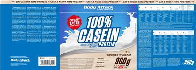 Body Attack Sports Nutrition 100% Casein Protein Cookies 'N Cream source label used in the packaging illustration