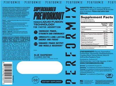 Performix Supercharged Preworkout Blue Raspberry source label used in the packaging illustration