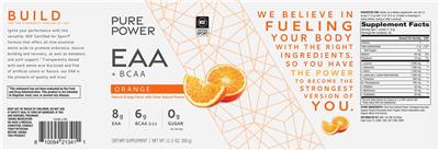 Pure Power EAA + BCAA Orange source label used in the packaging illustration