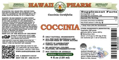 Hawaii Pharm Coccinia Alcohol Free source label used in the packaging illustration