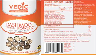 Vedic Powders Dashmool Powder source label used in the packaging illustration