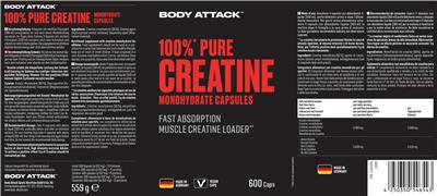 Body Attack 100% Pure Creatine Monohydrate Capsules source label used in the packaging illustration