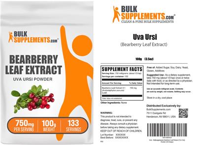 BulkSupplements.com Bearberry Leaf Extract 750 mg source label used in the packaging illustration