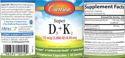 Carlson Super D3 125 mcg (5000 IU) + K2 90 mcg source label used in the packaging illustration