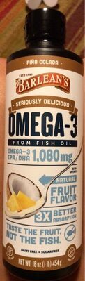 Barlean's Seriously Delicious Omega-3 Pina Colada 1080 mg source label used in the packaging illustration