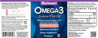 Bluebonnet Omega-3 Salmon Fish Oil Heart Health 1000 mg source label used in the packaging illustration