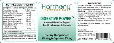 Harmony Nutraceuticals Digestive Power 500 mg source label used in the packaging illustration