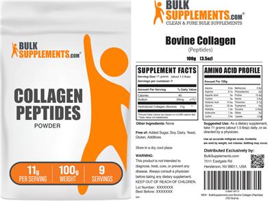 BulkSupplements.com Collegen Peptides Powder 11 g source label used in the packaging illustration