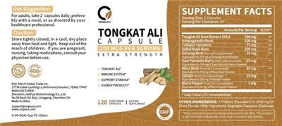 O Orgeuos Tongkat Ali Capsule 200 mcg source label used in the packaging illustration