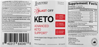 Justified Laboratories Blast Off Keto source label used in the packaging illustration