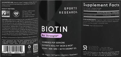 Sports Research Biotin 10000 mcg source label used in the packaging illustration
