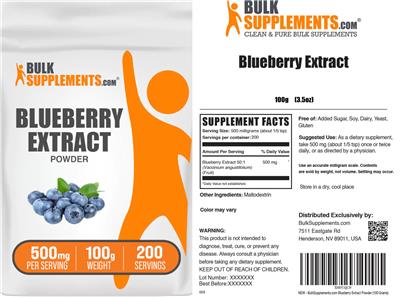 BulkSupplements.com Blueberry Extract Powder 500 mg source label used in the packaging illustration