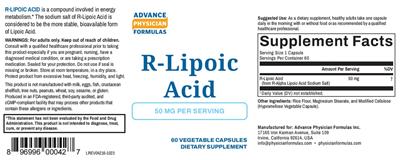 Advance Physician Formulas R-Lipoic Acid 50 mg source label used in the packaging illustration