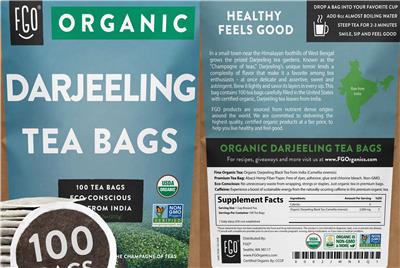 FGO Organic Darjeeling Tea Bags source label used in the packaging illustration