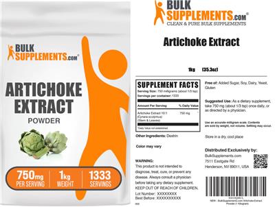 BulkSupplements.com Artichoke Extract Powder 750 mg source label used in the packaging illustration