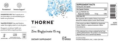 Thorne Zinc Bisglycinate 15 mg source label used in the packaging illustration