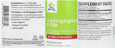 Terry Naturally Andrographis EP80 Extra Strength source label used in the packaging illustration