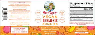 Mary Ruth's Vegan Turmeric Gummies Peach Mango Lemon source label used in the packaging illustration